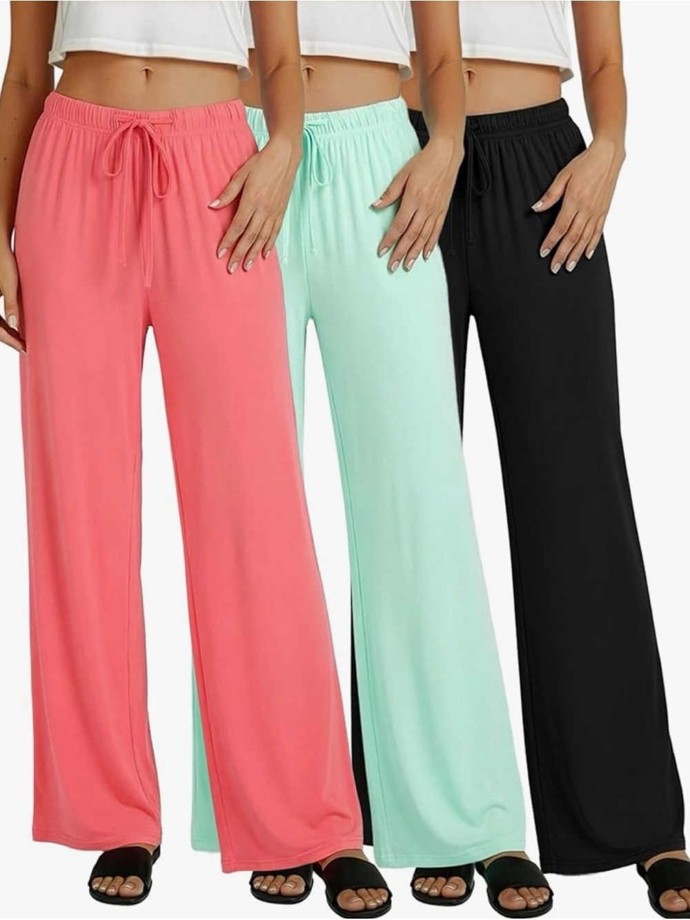 Essentials Wide Leg Pajama Pants in Coral and Mint (3 Pairs)